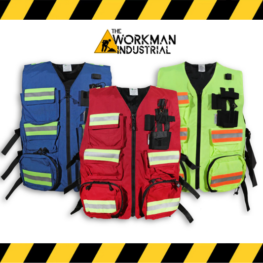Big K professional first aid safety vests in red, lime green, and royal blue