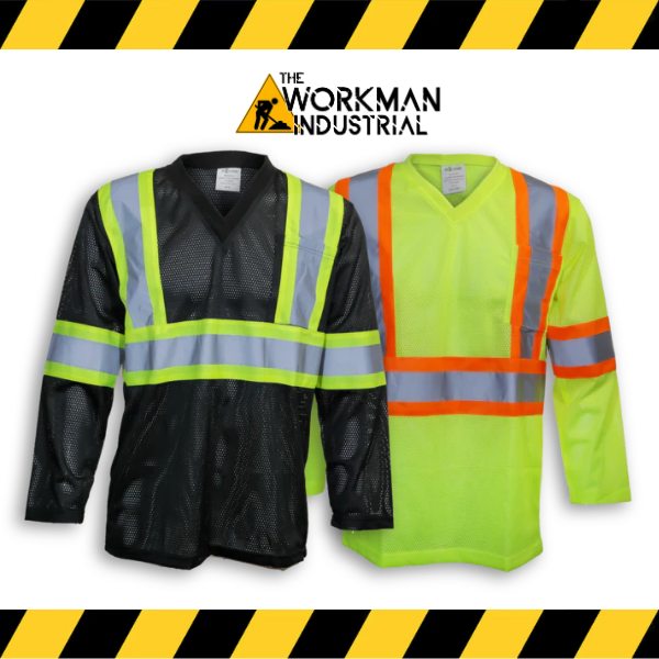 Big K hi-vis polyester mesh long sleeve safety shirts in black and lime green.