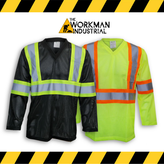 Big K hi-vis polyester mesh long sleeve safety shirts in black and lime green.