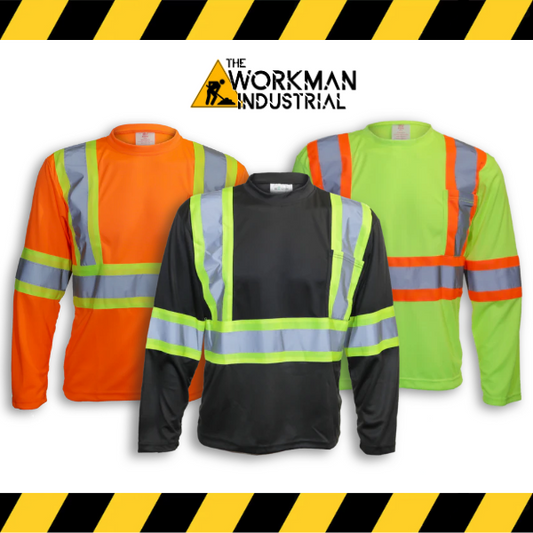 Big K hi-vis moisture-wicking long sleeve safety shirts in orange, black, and lime.