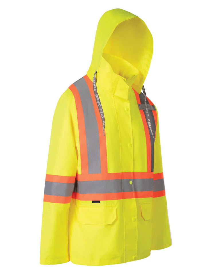 Forcefield Women's Hi Vis Safety Rain Jacket with Snap-Off Hood