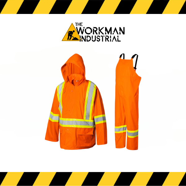 Ground Force RS11 3-piece hi-vis rain suit, including jacket and bib pants.