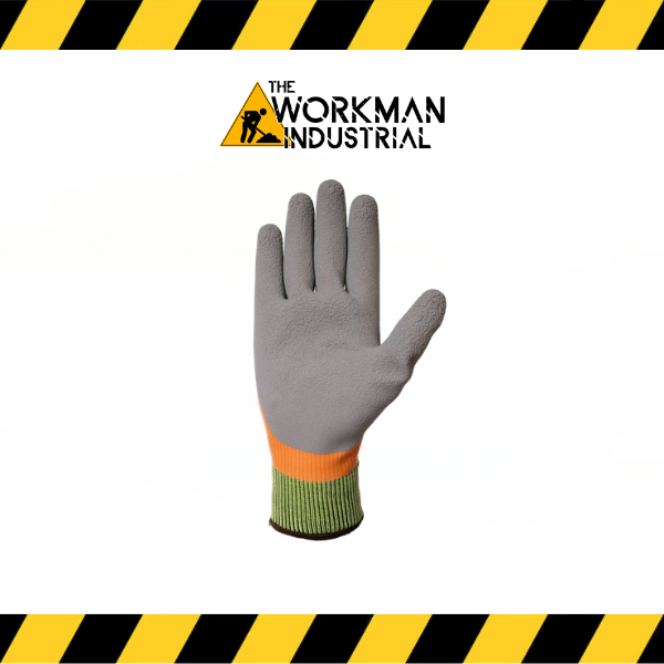 Close-up of the black crinkle latex high-grip palm on the Forcefield work gloves.