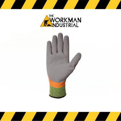 Close-up of the black crinkle latex high-grip palm on the Forcefield work gloves.