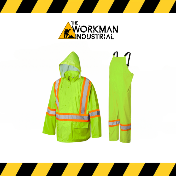 Ground Force RS11 3-piece hi-vis rain suit, including jacket and bib pants.