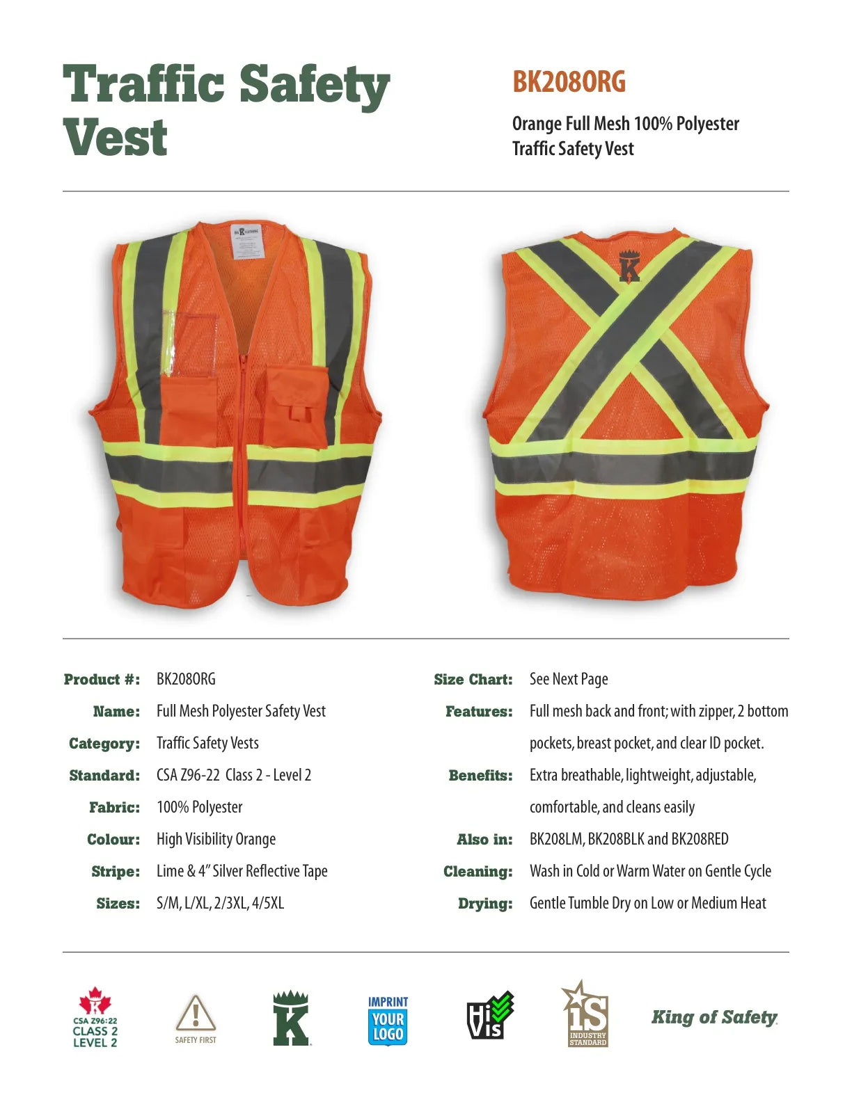 Big K 100% Polyester Mesh Safety Vest with Zipper Front