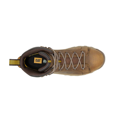 View of the slip-resistant rubber outsole and resilient EVA foam midsole on the CAT Threshold boot.