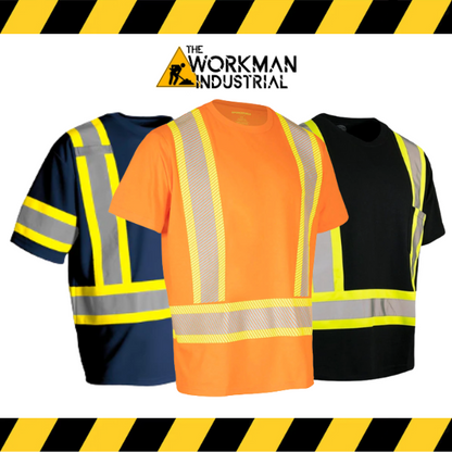 Group of Forcefield ultrasoft safety t-shirts in orange, black, and navy.
