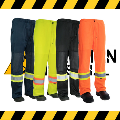 Four color options of the Forcefield Hi-Vis Vented Traffic Pants: navy, lime, black, and orange.