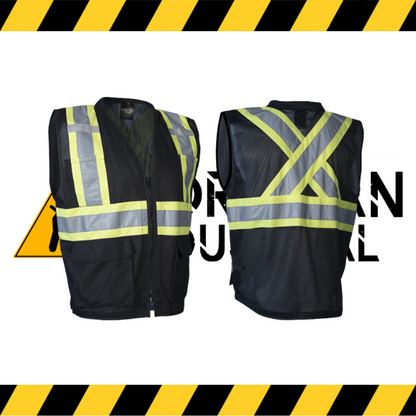 Forcefield hi-vis traffic safety vest with padded collar and mesh back in black.
