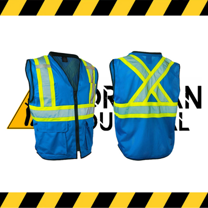 Forcefield hi-vis traffic safety vest with padded collar and mesh back in blue.