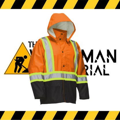 Forcefield hi-vis waterproof safety rain jacket in fluorescent orange.