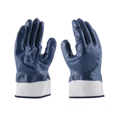 Heavy Weight Nitrile Fully Cotton Lined Blue Smooth Nitrile Coated Rough Finish Cuff Safety Gloves