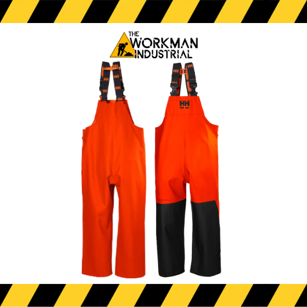 Helly Hansen Storm waterproof rain bib with reinforced knees in orange.