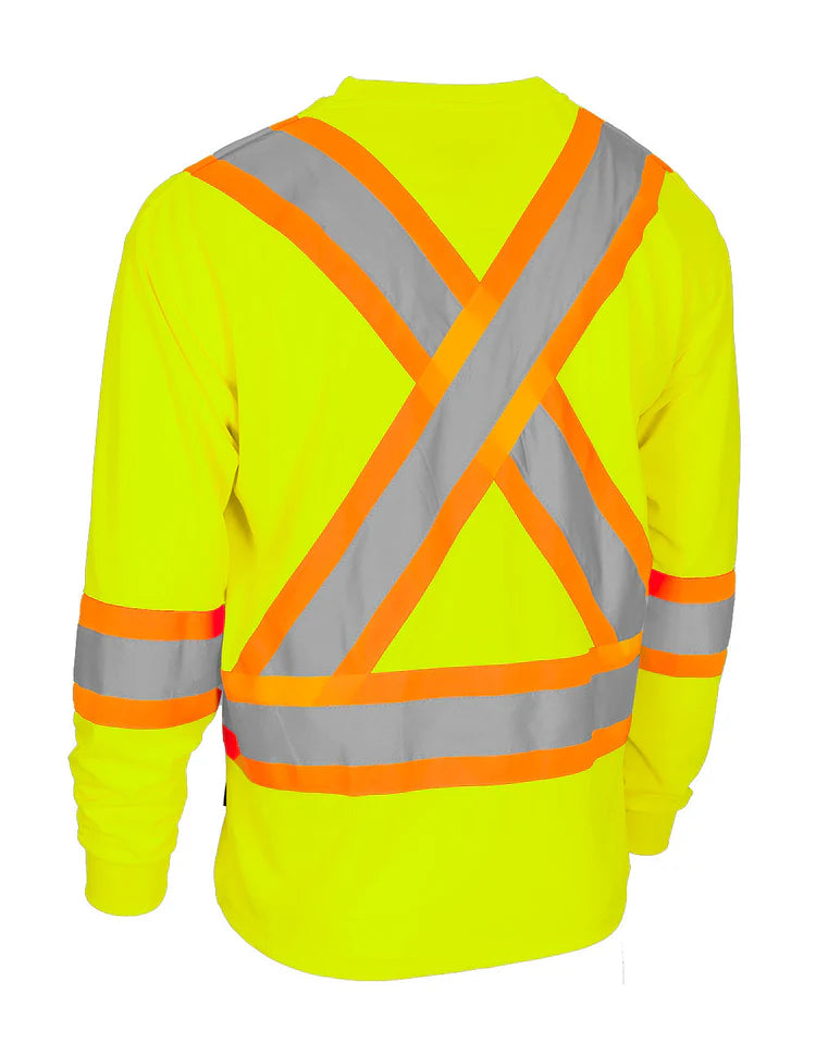 Forcefield Hi Vis Crew Neck Long Sleeve Safety Tee with Chest Pocket