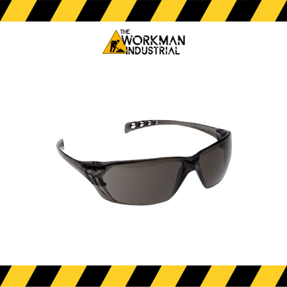 Slous rimless safety glasses with smoked lens.