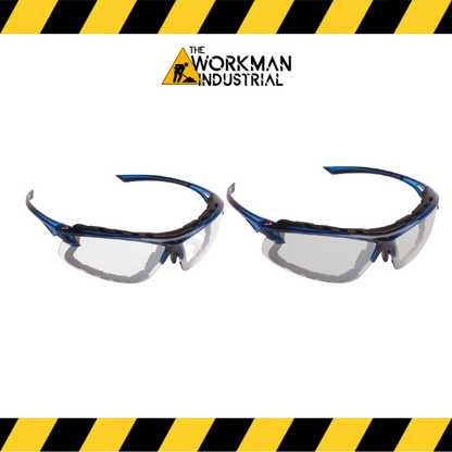 Opti-Seal semi-rimless safety glasses with blue temples.