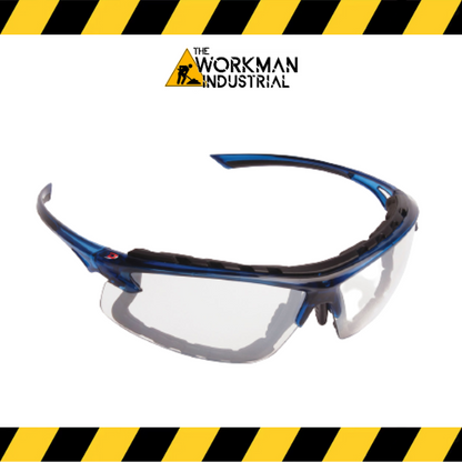 Opti-Seal semi-rimless safety glasses with blue temples.