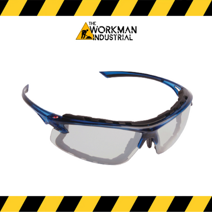 Opti-Seal semi-rimless safety glasses with blue temples.