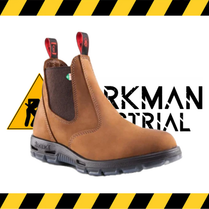 RedBack Bobcat CSA steel toe slip-on work boot in brown.