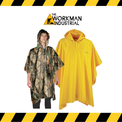 Stormfront waterproof rain poncho shown in camo and yellow.