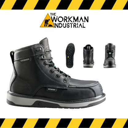 A collection of images showing a black waterproof safety work boot with a composite toe from the brand Terra. The images display the boot from different angles, including a detailed view, a side profile, and a top view showing the interior.