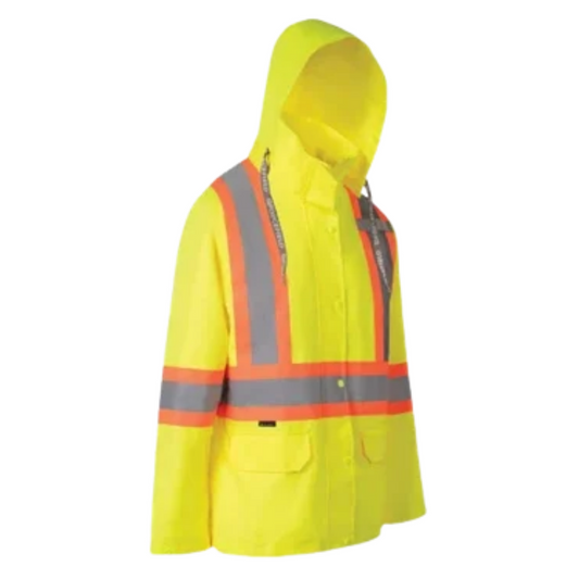 Forcefield Women's Hi Vis Safety Rain Jacket with Snap-Off Hood