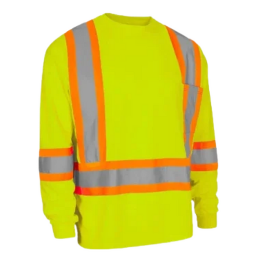 Forcefield Hi Vis Crew Neck Long Sleeve Safety Tee with Chest Pocket