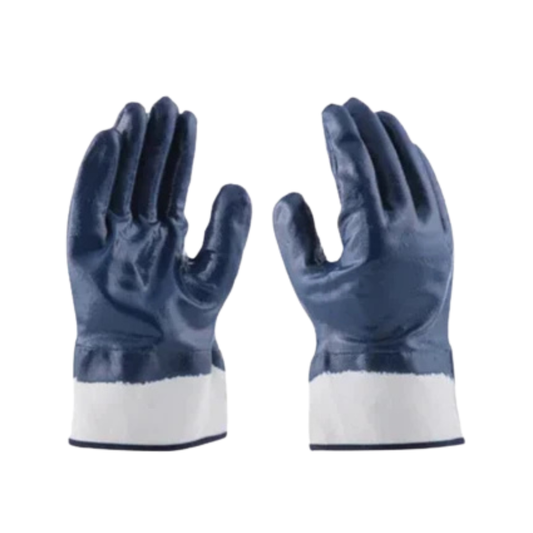 Heavy Weight Nitrile Fully Cotton Lined Blue Smooth Nitrile Coated Rough Finish Cuff Safety Gloves