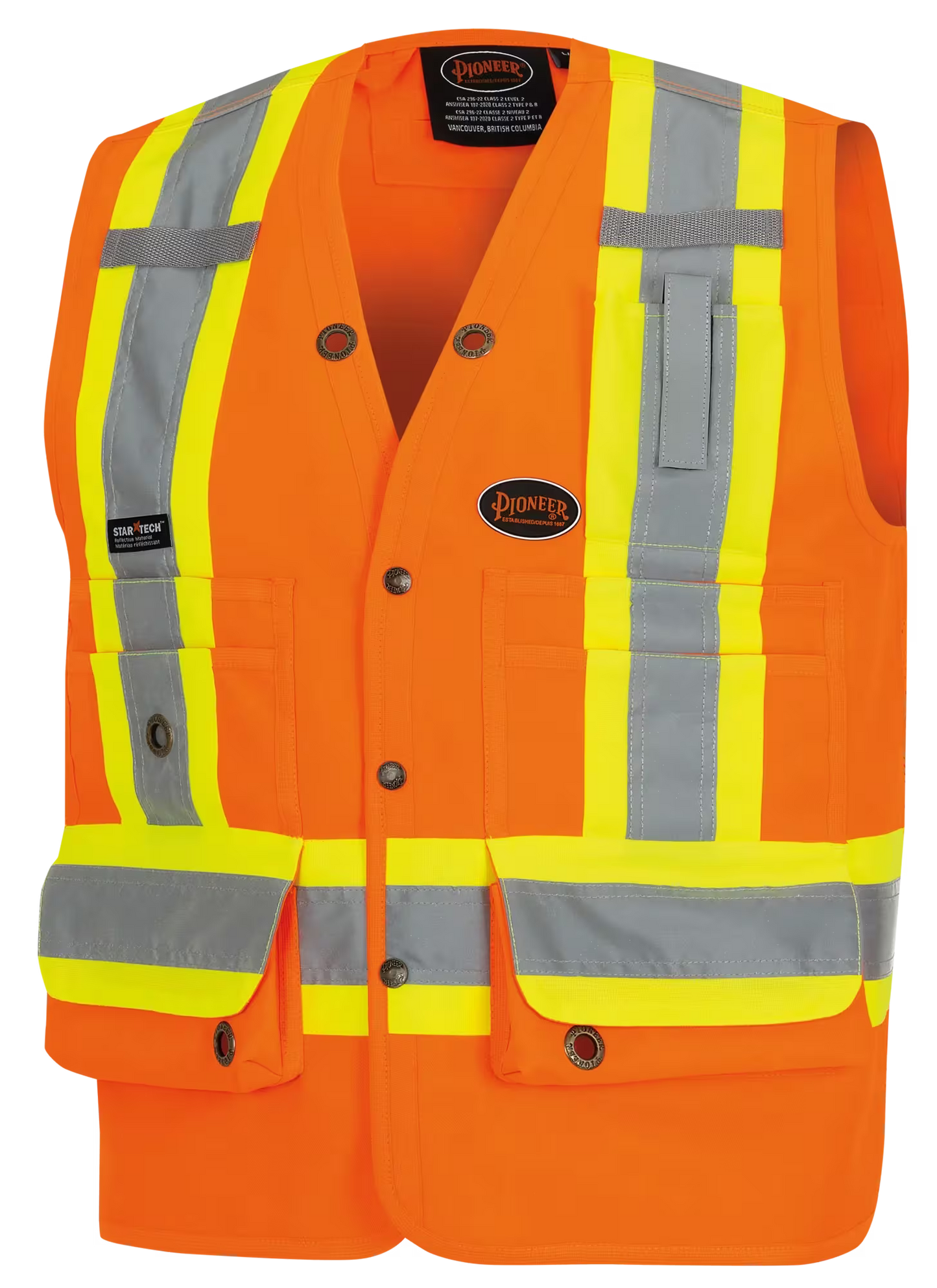 Pioneer Hi-Vis 150D Poly Twill Surveyor's Safety Vest - Snap Closure