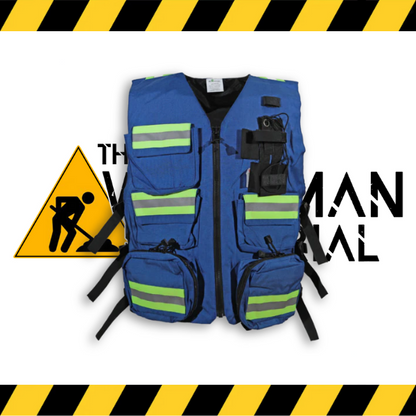 The blue Big K first aid safety vest with multiple pockets.
